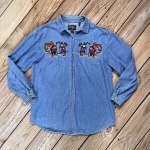Let's Quizz Again New York Women's Vintage Winter Bear Denim Shirt Size L